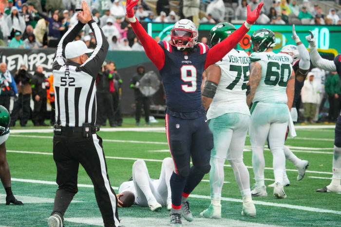 Matthew Judon celebrates after sacking Zach Wilson for a safety late in Week 3.